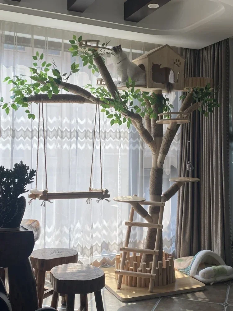 

Solid wood trunk wear-resistant non-sticky hairy cat café cattery decorative tree cat climbing frame Hot sales