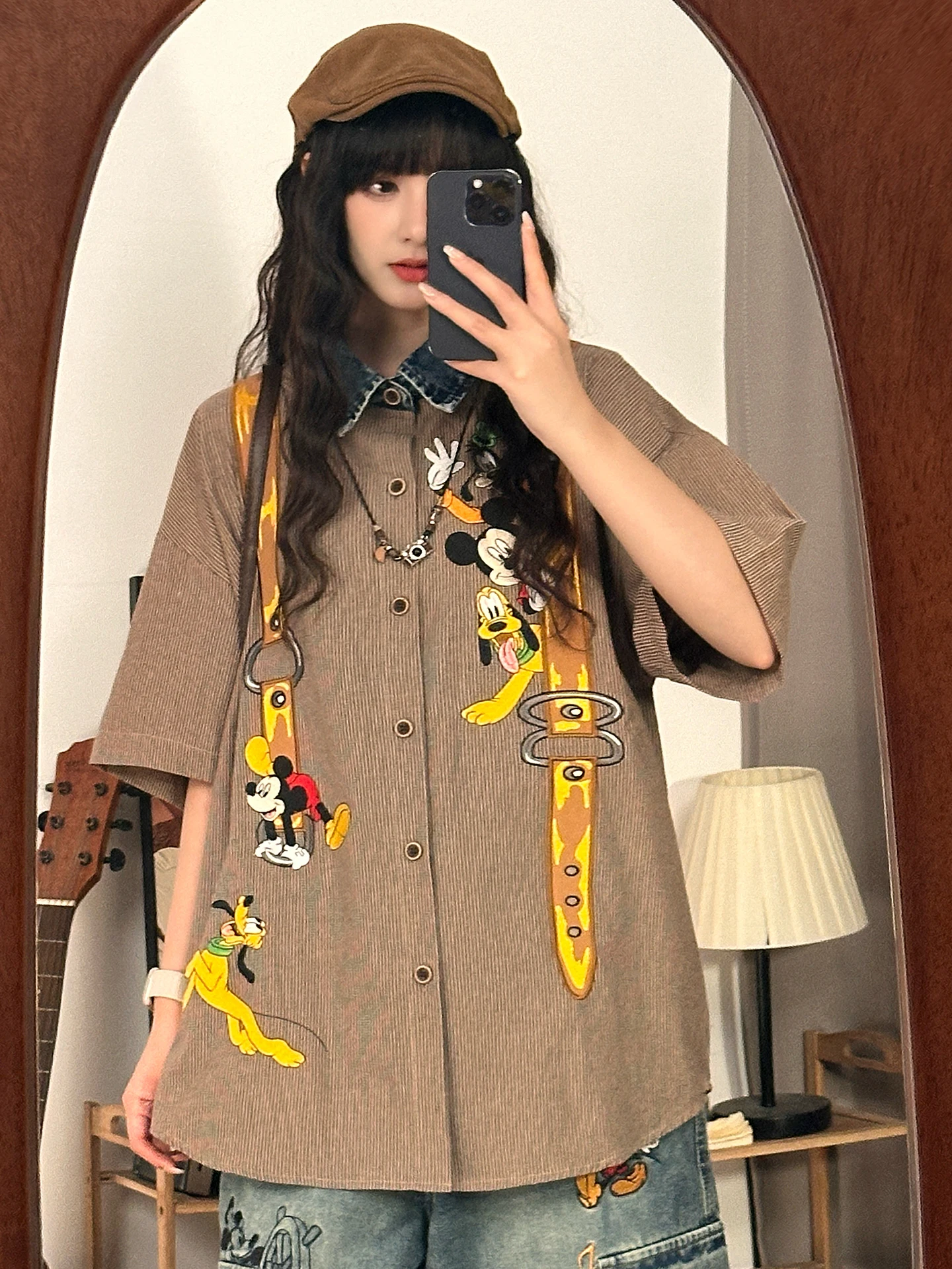 

Original American Retro Cartoon Embroidered Striped ort Sve Loose Women's irt Summer Breathable Cotton Casual Blouse