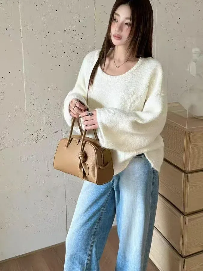 

Korean Sle Soft Fluffy White Sweater Women's Loose Lazy High-End Knitted irt Autumn Winter Faionable Top