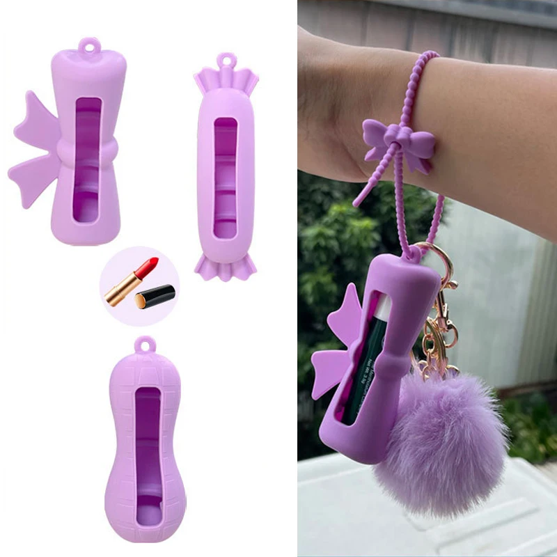 Portachiavi con copertura per rossetto in silicone a forma di arachidi con fiocco, borsa portaoggetti portatile per rossetto in tinta unita, porta balsamo per labbra leggero