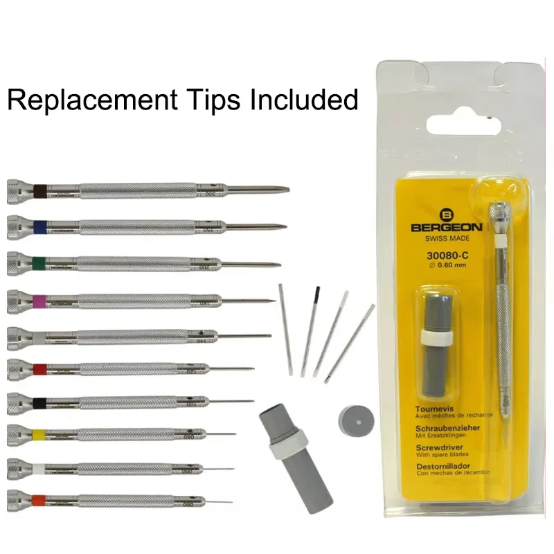Bergeon 30080 Watchmaker Flat Blade Screwdriver Set with Interchangeable Tips 0.5-3.0mm Watch Repair Tool for Precision Work