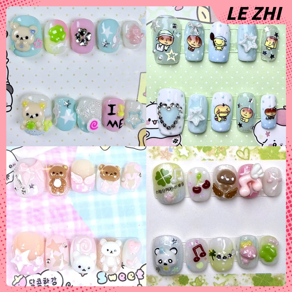 

10Pcs Y2K Cartoon Rabbit Rilakkuma Handmande Nail Party Sticker Bow Pearl Strawberry Wing Flower Four-Leaf Clover Press On Nails