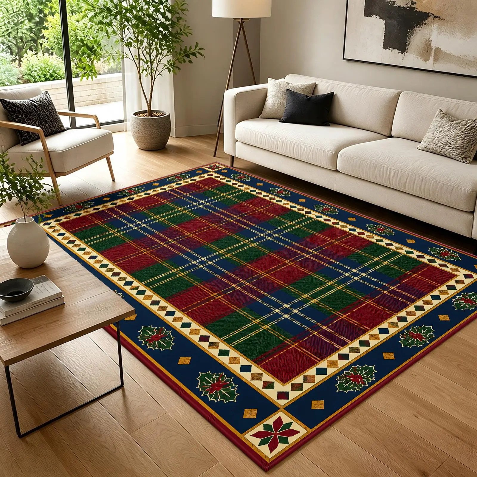 1pc 2D Flat Christmas Tartan Plaid Border Printed Floor Mat, Decorative Rug for Living Room, Bedroom, Home
