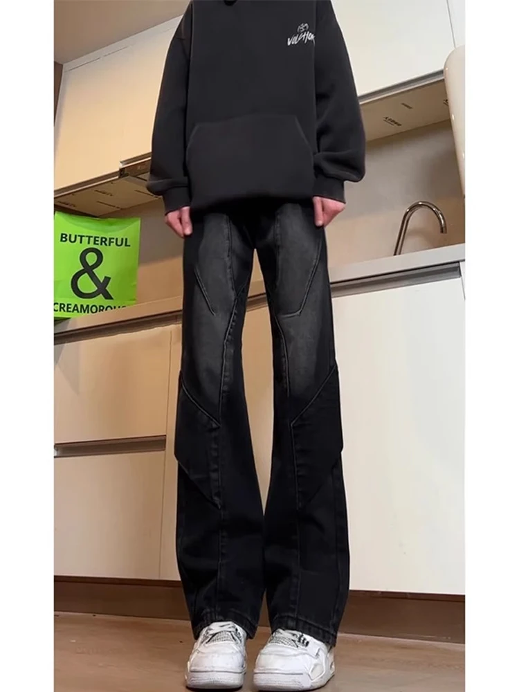 

Waed Bla Men's High Waist Straight Leg Jeans Knife Bell Bot American Street Sle Long Length Casual Trousers