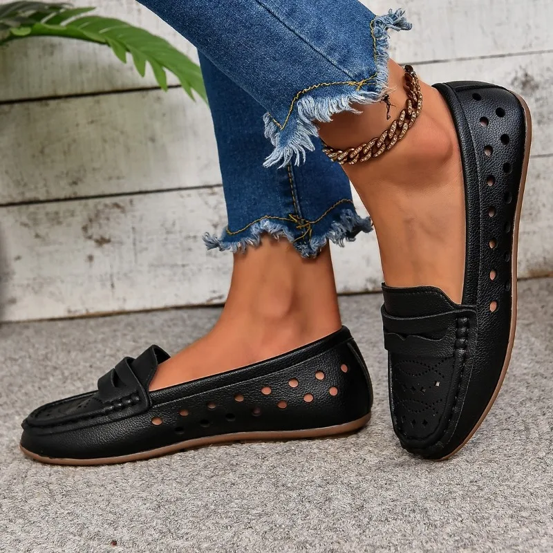 Sapatos de couro antiderrapante para mulheres, sapatos únicos, cabeça redonda, boca rasa, oca, esportiva, casual, confortável, leve, novo, verão