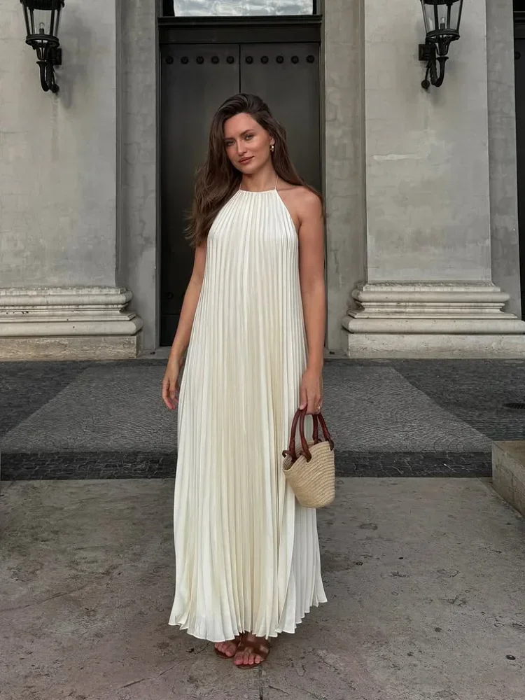 

2025 Chic Vacation Beach Gowns Elegant Backless Pleated Halter Dress Women Fashion Solid Sleeveless Off-shoulder Maxi Dresses La
