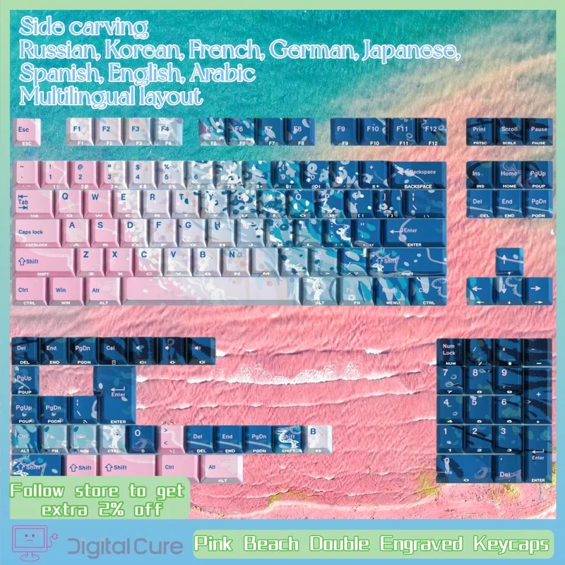 

Pink Beach Double Engraved Keycaps 130 Keys Cherry Korean Russian European Small Languages Translucent Pbt Keyboard Keycaps