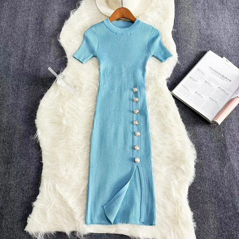 2025 Chic Mode Sexy Wrap Hüften Gestrickte Kleid Frauen oansatz Kurzarm Bodycon Plissee Pullover Kleid Büro Dame Vestios