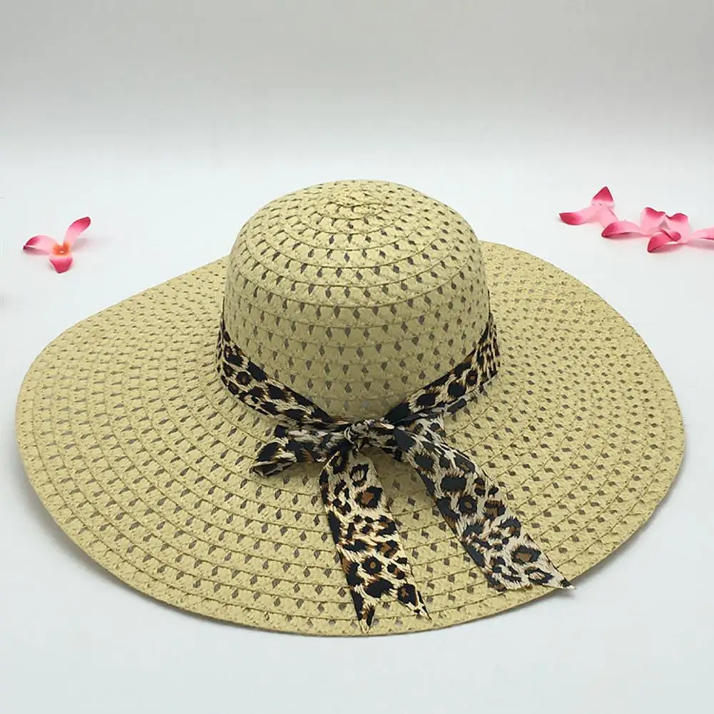 

Straw Hat Women Sunscreen Braided Foldable Straw Hat Leopard Bowknot Decor Wide Brim Summer Beach Panama Straw Hat