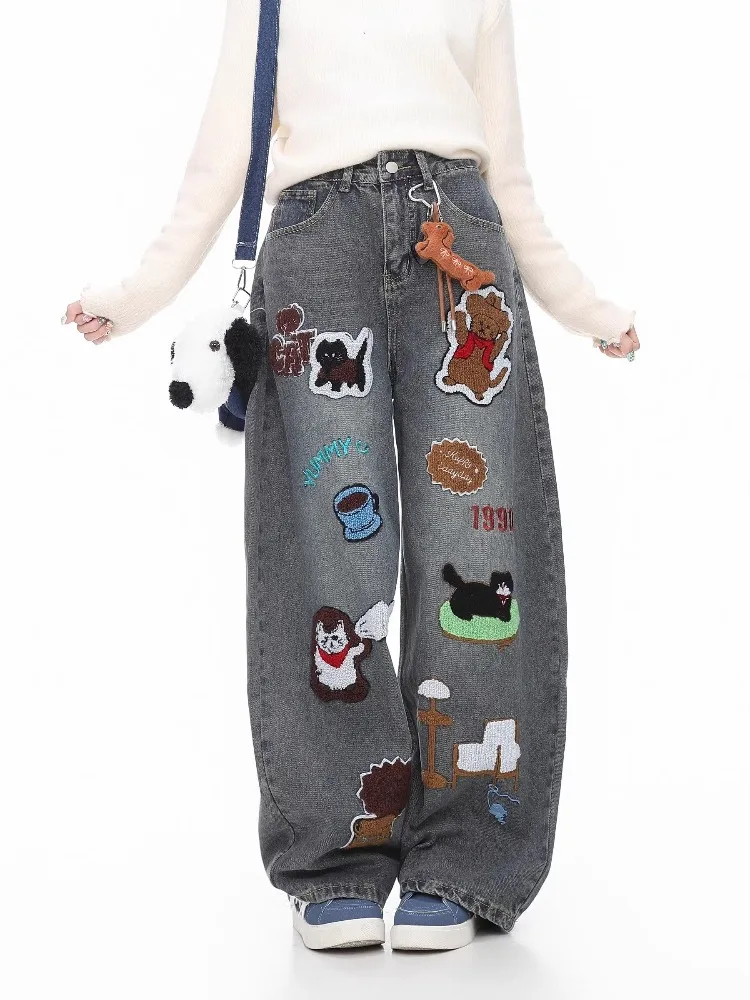 Women's Embroidery Cute Cartoon Patterns Jeans Cool Girl Trousers Summer Wide Leg Pants Female High Waisted Unisex Sweatpants