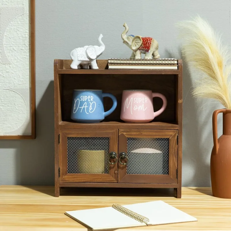 

2 Tiered Storage Cabinet, Countertop Cabinet, Wood Organizer for Kitchen Living Room Bedroom Bathroom Office