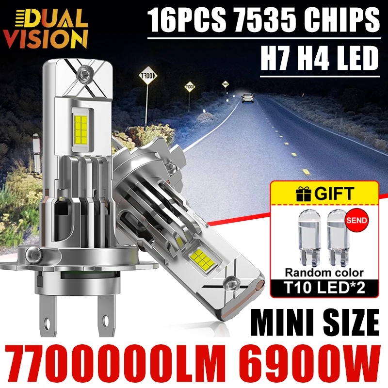 6900W Turbo H7 H4 LED Headlights Bulbs CANBUS Car Lights 7700000LM 1:1 Mini Bulbs 16PCS 7535 CSP Wireless LED Turbo Fan 12V T10