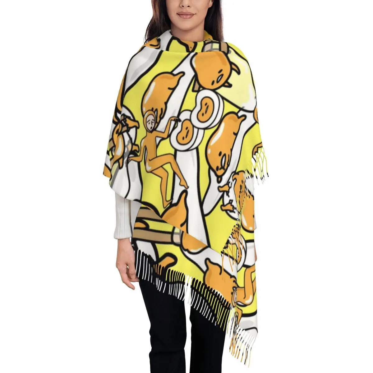 Gudetama Bufanda linda de dibujos animados de huevo para mujer Otoño Invierno Chales de cachemira y abrigo Mantón largo Bufanda ligera
