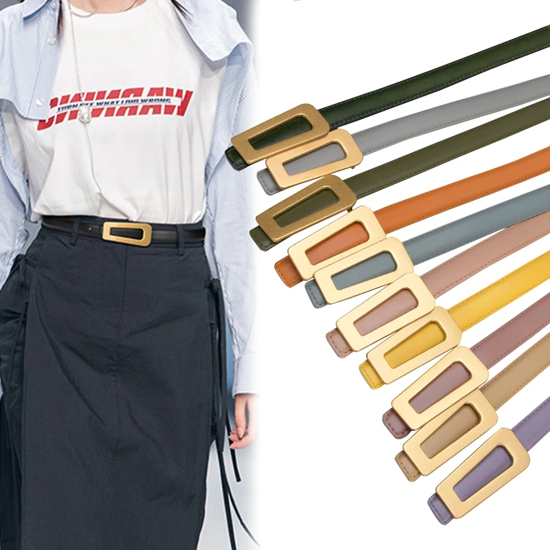 

1.9cm Gold Buckle Cowhide Leather Belts for Women Fashion Luxury Designer Retro Luxury Thin Waistband Female Jeans Dress Belt