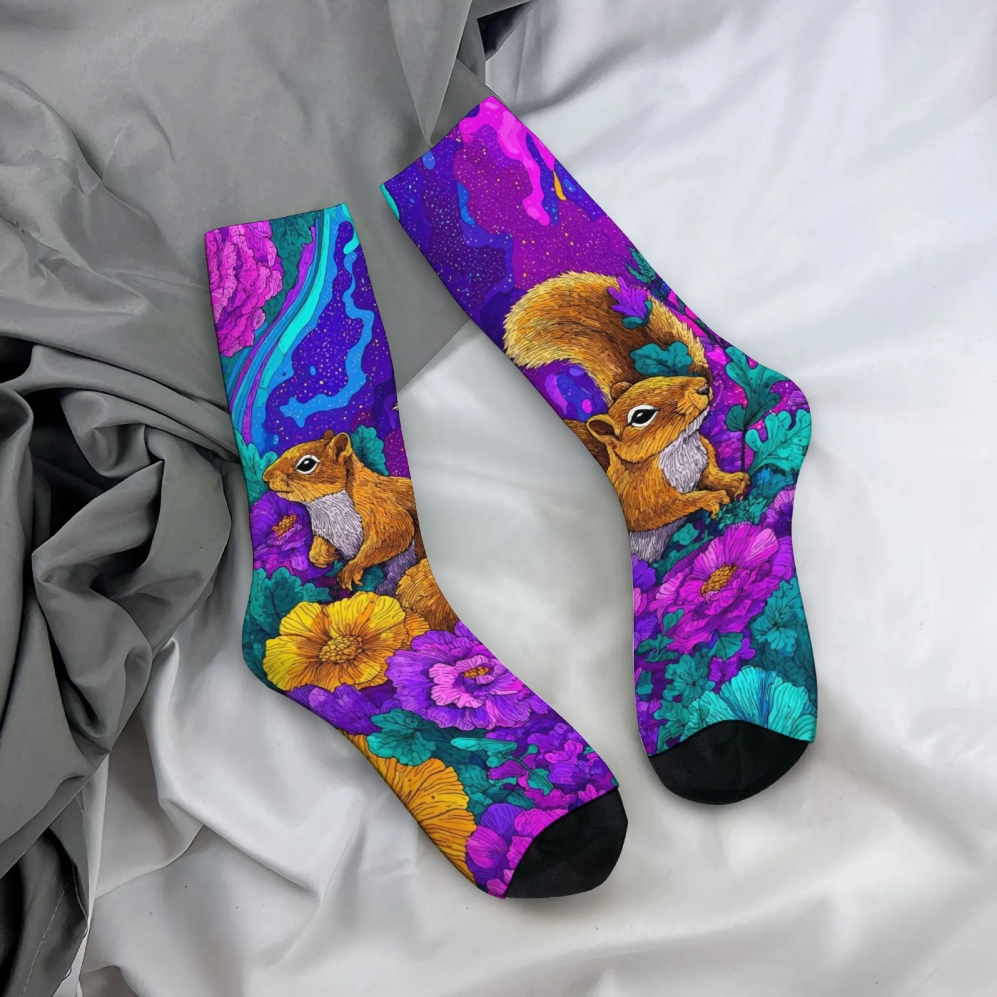 Psychedelic Forest Squirrel Herrensocken, neuartige, lustige Kompressionssocken, Harajuku-Stil, lässige Mode, Street-Hip-Hop-Socken, Geschenk
