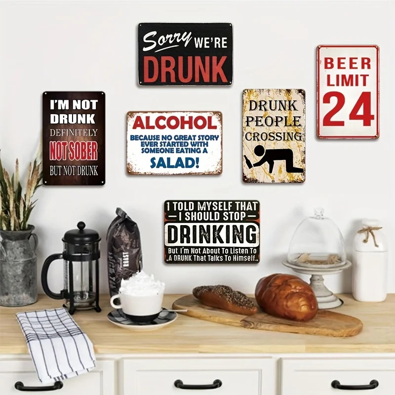 6pcs, Funny Metal Tin Signs, Drinking Signs, - Unique Novelty Vintage Plaque Decoration For Mancave Home, Room, Wall, Bathroom, Bar, Cafe, Garage - Vintgae Bar Sign, Retro Bar Wall Plaque 12x8inch