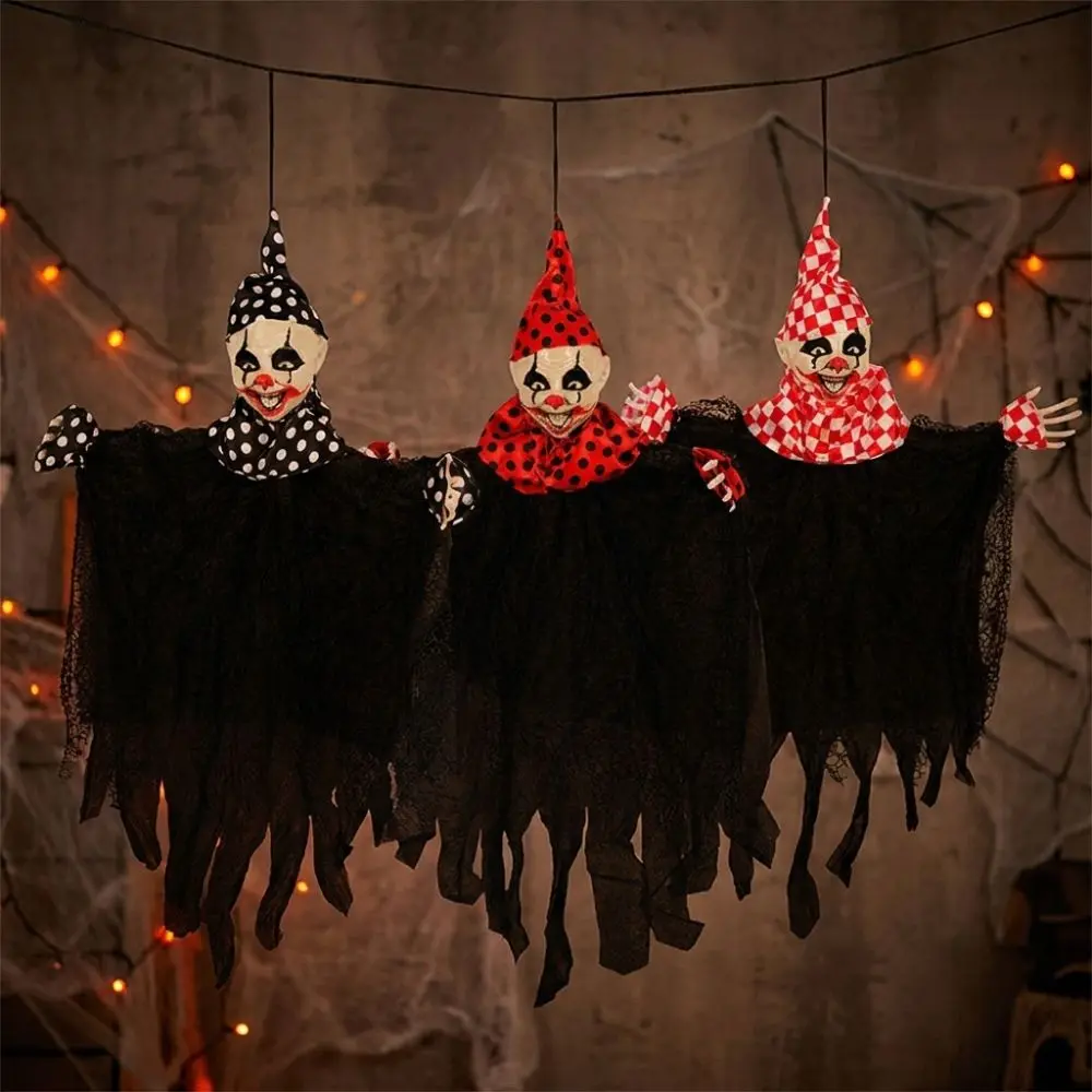 Tattered Ripped Gauze Skirt Polka Dot Clown Hanging Ghost Hand Painted with Pointed Hat Haunted House Spooky Scene Prop