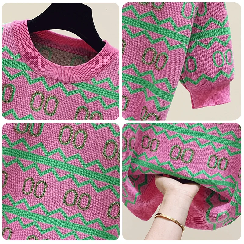 2023 letnie diamenty frezowanie kobiet sweter cienkie dzianiny z krótkim rękawem wokół szyi lodowy jedwab swetry swetry stylowe modny Top