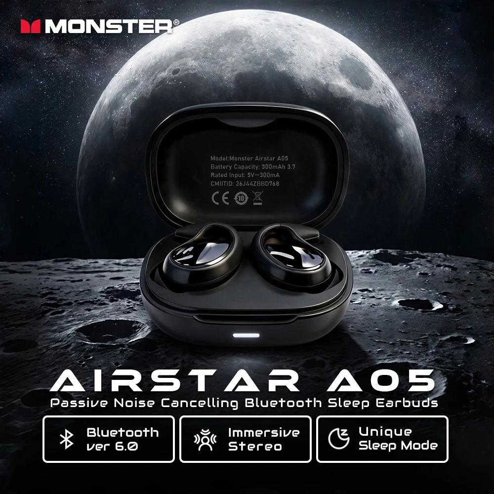 Monster Airstar A05 Schlaf-Kopfhörer Passive Geräuschunterdrückung Schlaf-Ohrhörer für Seitenschläfer Bluetooth 6.0 TWS Kabellose Kopfhörer