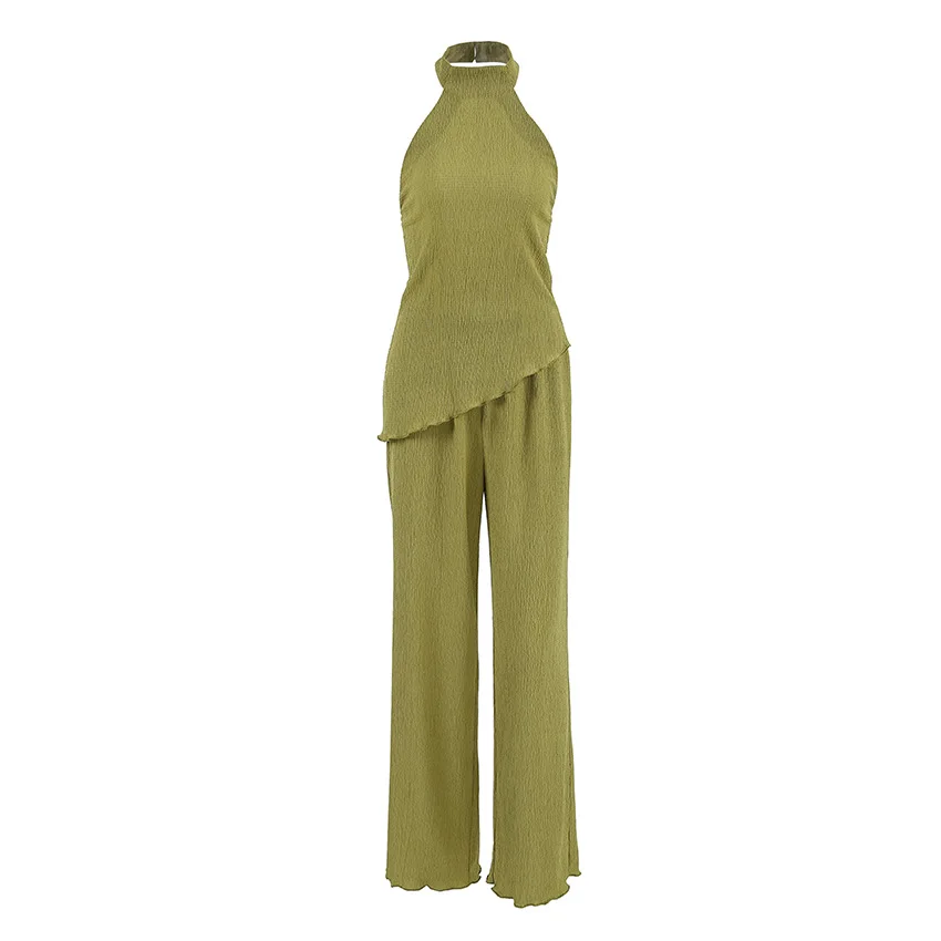 Moda francesa verde plissado terno 2025 primavera e verão pescoço superior calças de perna larga conjunto de duas peças roupas femininas commuter