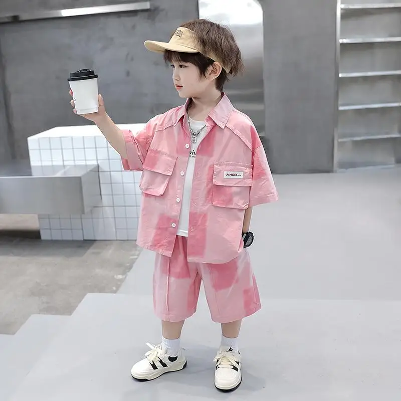 Boys' Sets Button Shirt Shorts Two-piece Summer Suits Children's Clothing Street Colrful Plaid Shirt Cargo Pants 2024 New Suits