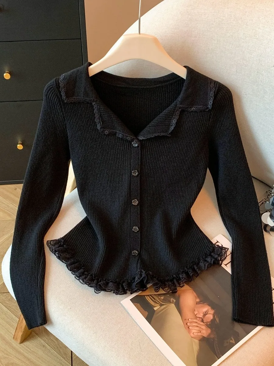 Maglione lavorato a maglia con finiture in pizzo color vino rosso Capispalla invernale da donna Sli Bellissimo piccolo top da pendolarismo Sle Slim Fit