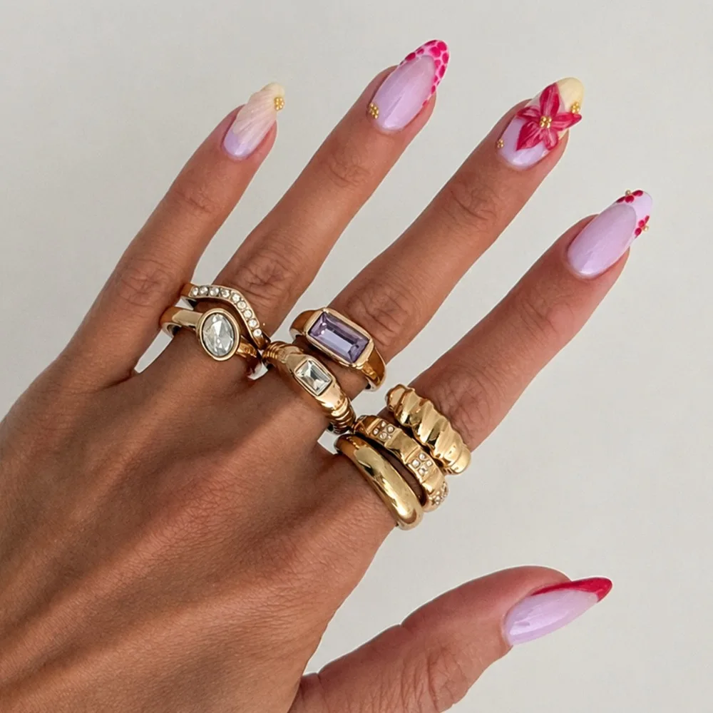 Luxury Colorful Rhinestone Gem Ring Set Gold‑Tone Smooth Threaded Open Stackable Rings Set for Women Fashion Party Jewelry Gifts