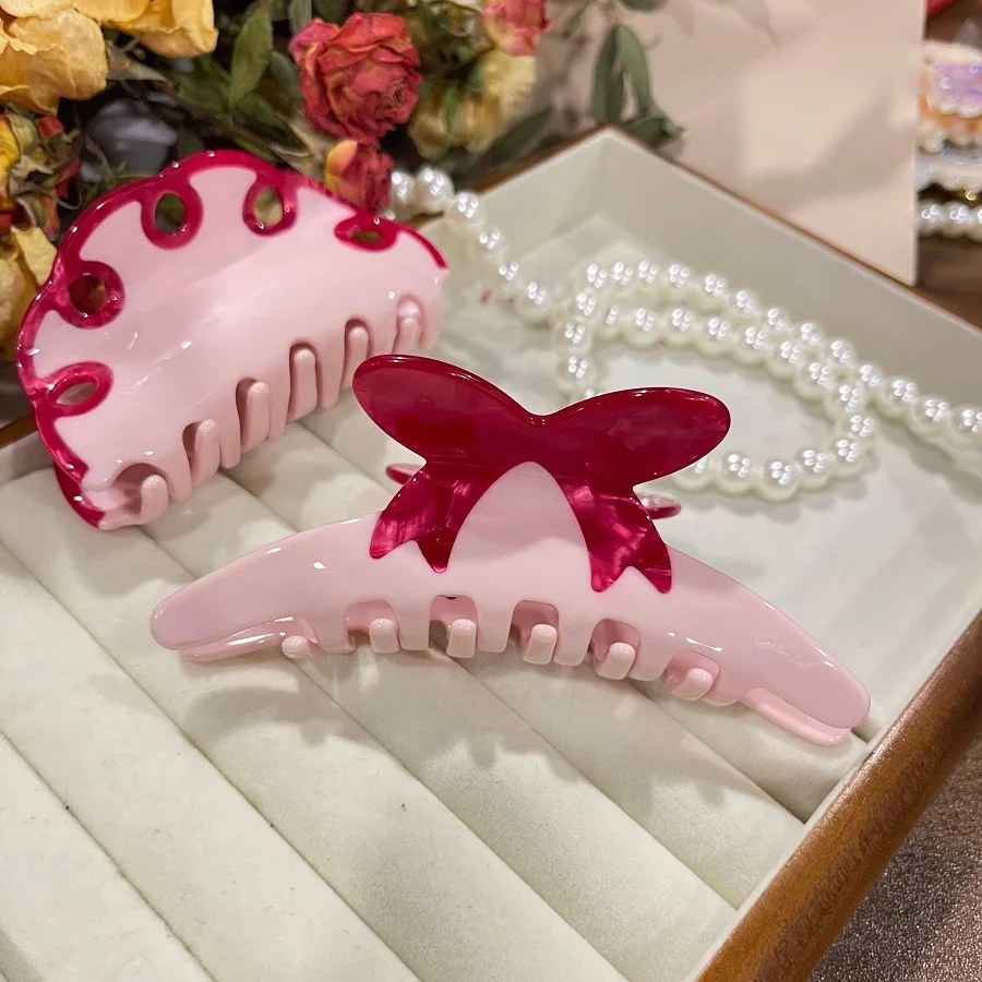 New Girls' Pink Bow Clip With Acetic Acid Material, Shark Clip At The Back Of The Head, Women's Hair Accessory