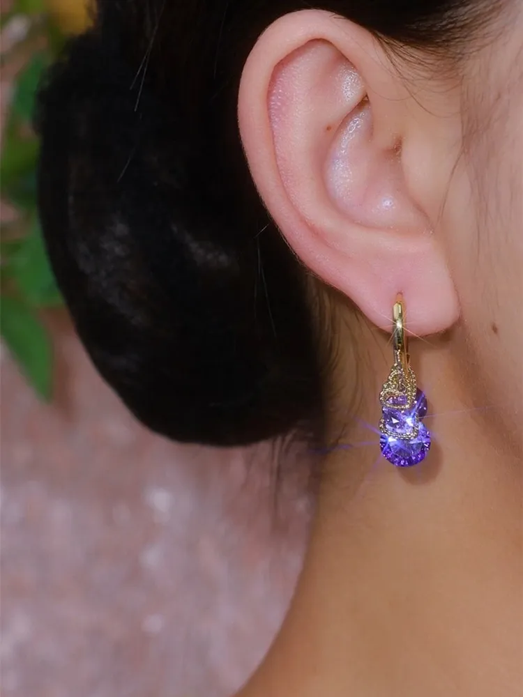 Luxury Purple Zirconia Heart Shape Drop Earrings for Women Gold Color Elegant Crystal Dangle Earrings Female Wedding Jewelry