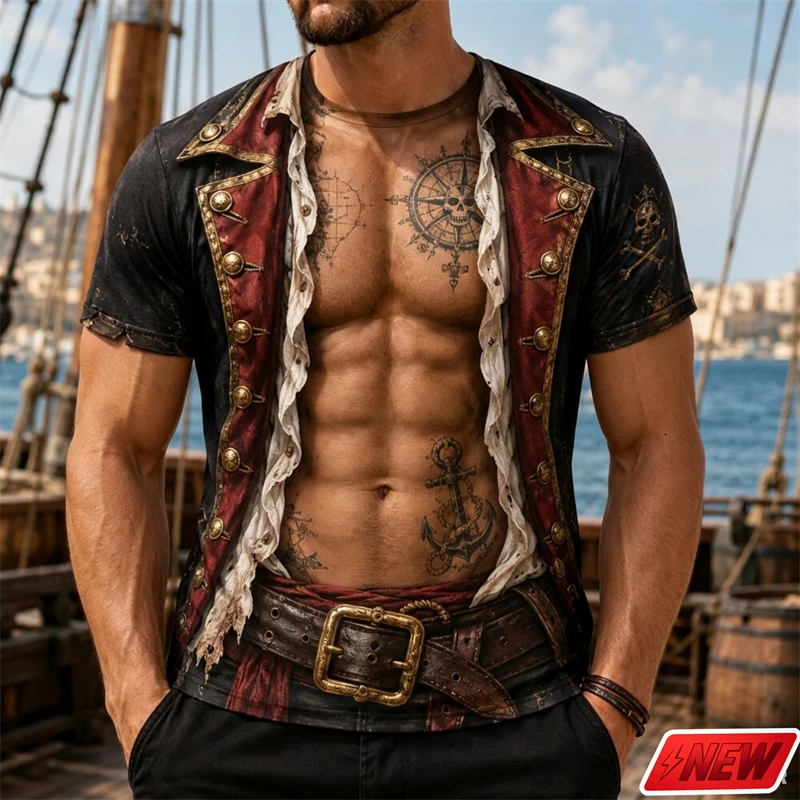 Men Novelty Funny Fake Abs Body T Shirt Vintage 3d Print Pirate Skull Anchor Pattern Short Sleeve Halloween Cosplay Party Top