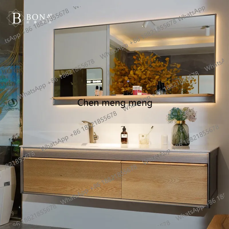 

Solid wood bathroom cabinet combination marble countertop seamless ceramic basin Japanese log wind washstand