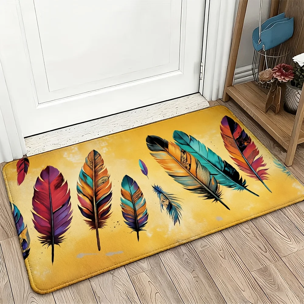 Vibrant Feather Pattern Doormat Indoor Outdoor Entrance Mat Boho Chic Tropical Home Decor Welcome Rug Accessory