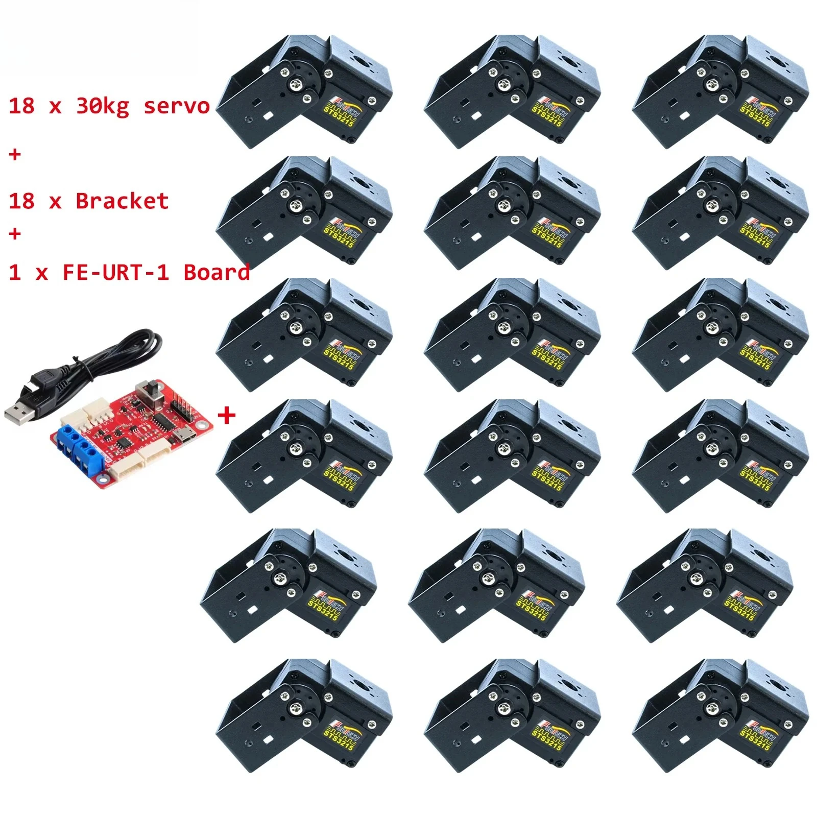 18x Feetech ST-3215-C018 12V 30KG Servos + 18x Bracket High Torque Smart RC Servo TTL Serial Bus Robot Servo + 1xFE-URT-1 Board