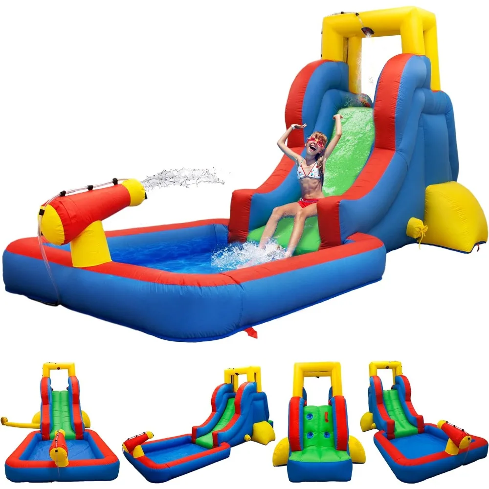 KC108 Water Slide Park Inflatable Bouncing House w/Pool Area (Splash Zone), Climbing Wall, GFCI ETL Certified 385W Blower