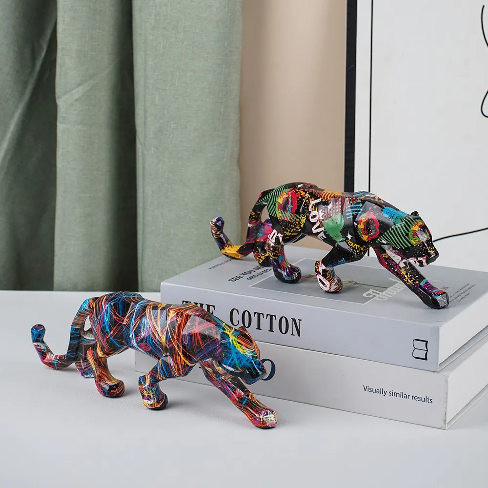 

Modern Abstract Geometric Leopard Statue Hydro Dip Colorful Graffiti Print Resin Panther Sculpture Home Office Cool Decor Gift