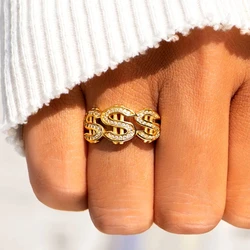 Huitan Stylish Chic Dollar Sign Ring for Women Fashion Luxury Gold Color Shiny Zirconia Finger Jewelry Daily Party Accessories