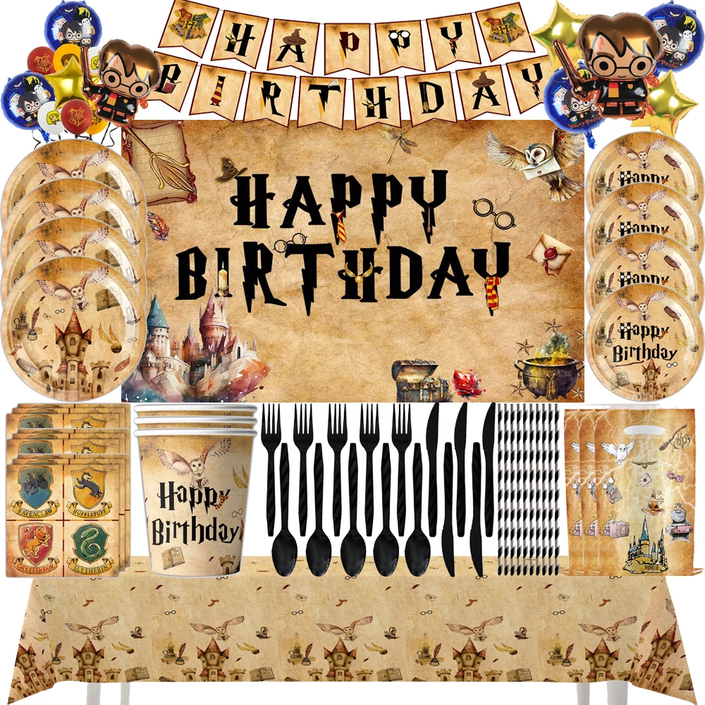 KAYOU Magic Harries Jungen Geburtstagsparty Dekoration Einweggeschirr Teller Becher Servietten Hintergrund Ballon für Kinderparty-Zubehör