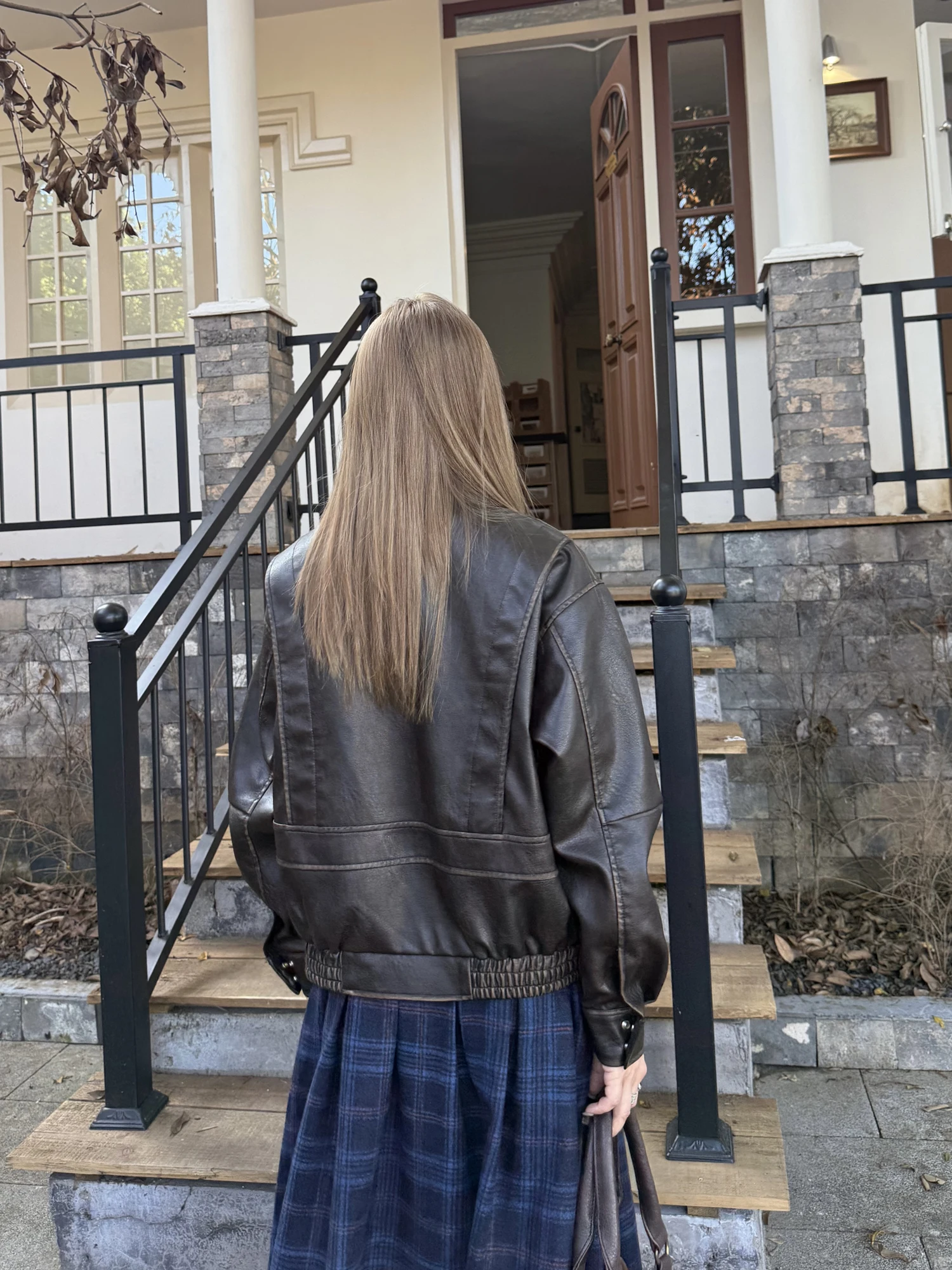 Chaqueta de Cuero Desgastado para Mujer, Estilo Holgado, Vintage, Americano, con Cuello, Chaqueta de Cuero PU con Parches, Ropa Exterior Informal