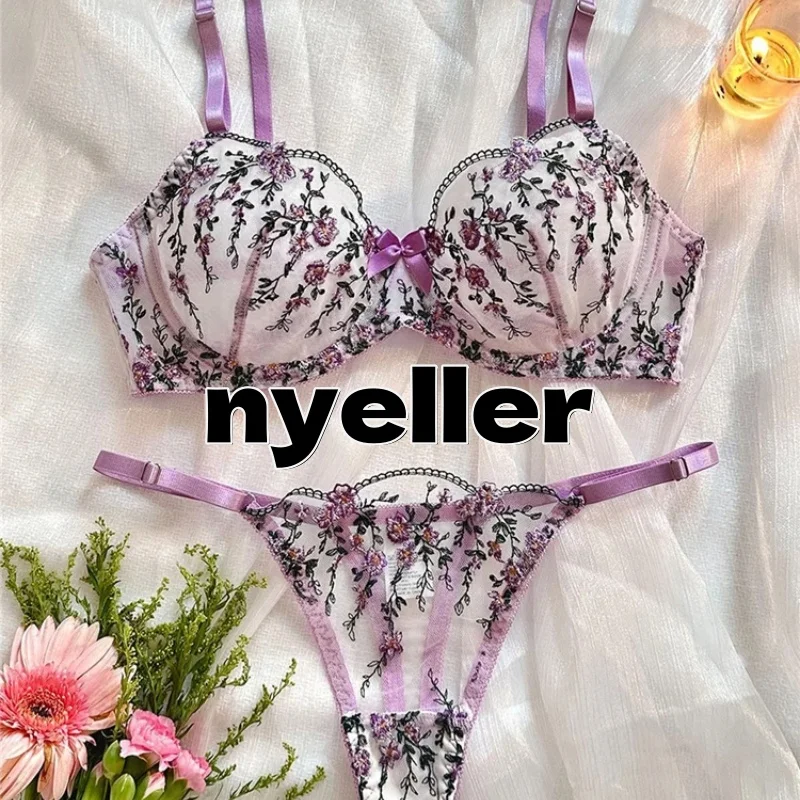 セクシーなブラセット女性のための花透明ランジェリーレース刺繍妖精シームレス下着シースルーエキゾチックなブラジャーブリーフセット