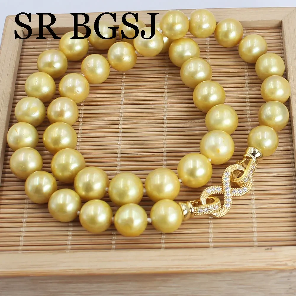 11-12mm AAA 17inch Yellow Round Cultured Real Natural Freshwater Beaded Lady Chokers Short Pearl Necklace