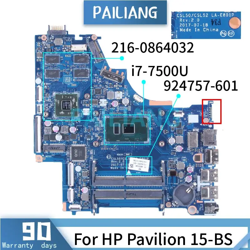 

For HP Pavilion 15-BS i7-7500U Laptop Motherboard LA-E801P 924757-601 SR341 216-0864032 DDR4 Notebook Mainboard