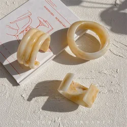 Vintage Resin Acrylic Geometric Irregular Round Thick Chunky Bangle Elegant Marble Pattern Cuff Open Bracelet For Women Jewelery