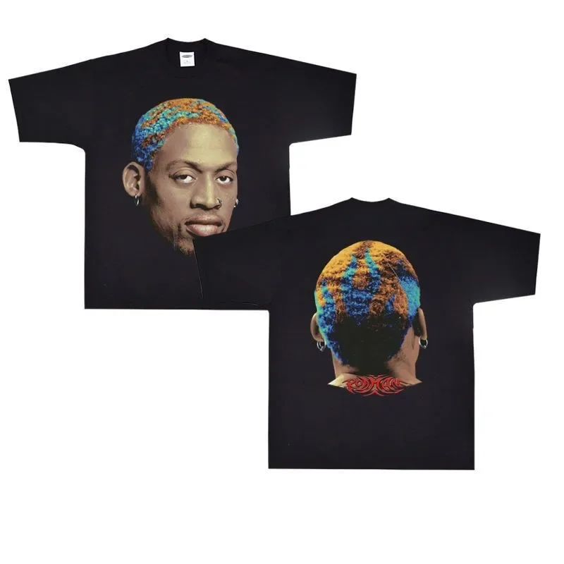 Basketball Dennis Rodman Printed American T-shirt Retro Heavy Pure Cotton Short Sleeve Pullover Shirt Hip Hop Men's Clothing