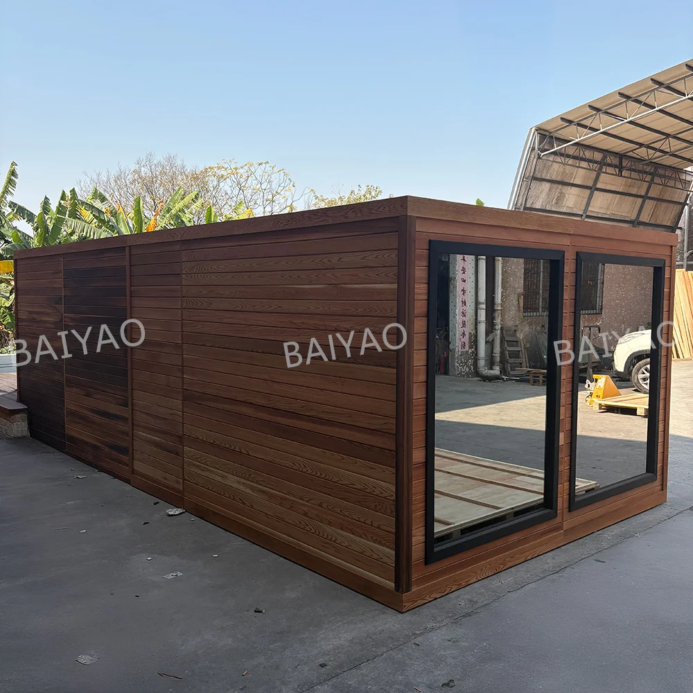 

Sustainable Luxury 8-10 Persons Sauna Retreat Cabin Red Cedar Wood With Large Mirror Glass Traditional Stove Sauna