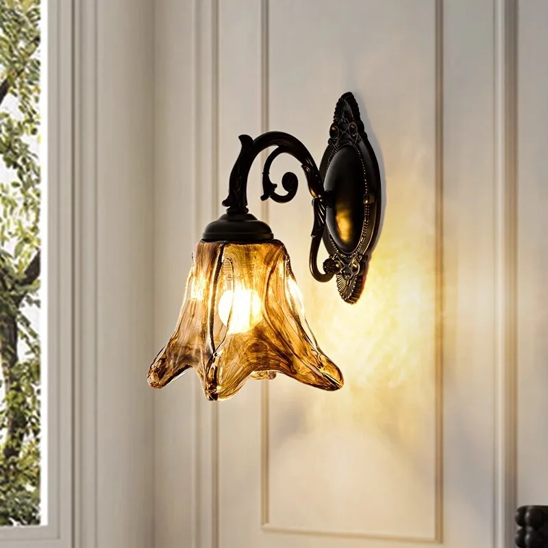 

American Retro Bedroom Bedside Wall Lamp French Medieval Living Room Background Glass Lamp Pattern Corridor Staircase Lamp