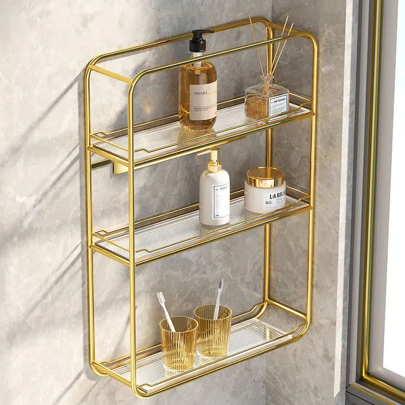 

Wall Mounted Bathroom Shelf Multi-layer Free Punch Washstand Cosmetic Bathroom Gold Storage Shelves Shelf Bathroom Accessories