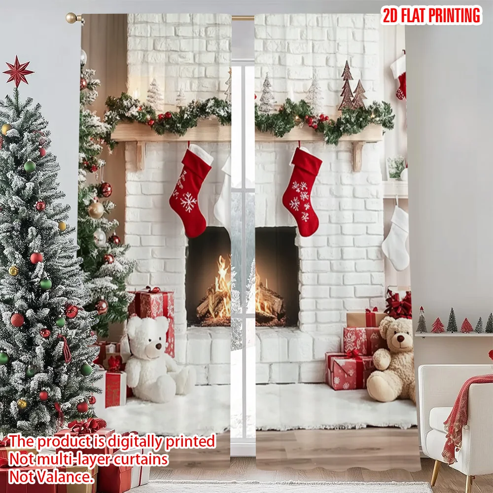 

2pcs 2D flat printing Merry Christmas Scene Curtains Fireplace and trees Durable Polyester Without Electricity Holiday