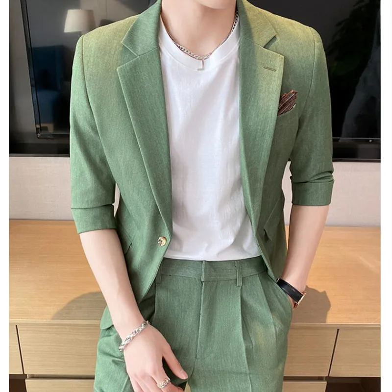 (Blazers+Shorts)England Style Men's Summer Suits Coat Slim Fit Fashion Half Sleeve Solid Casual Luxury Blazer Jacket 2 Pieces