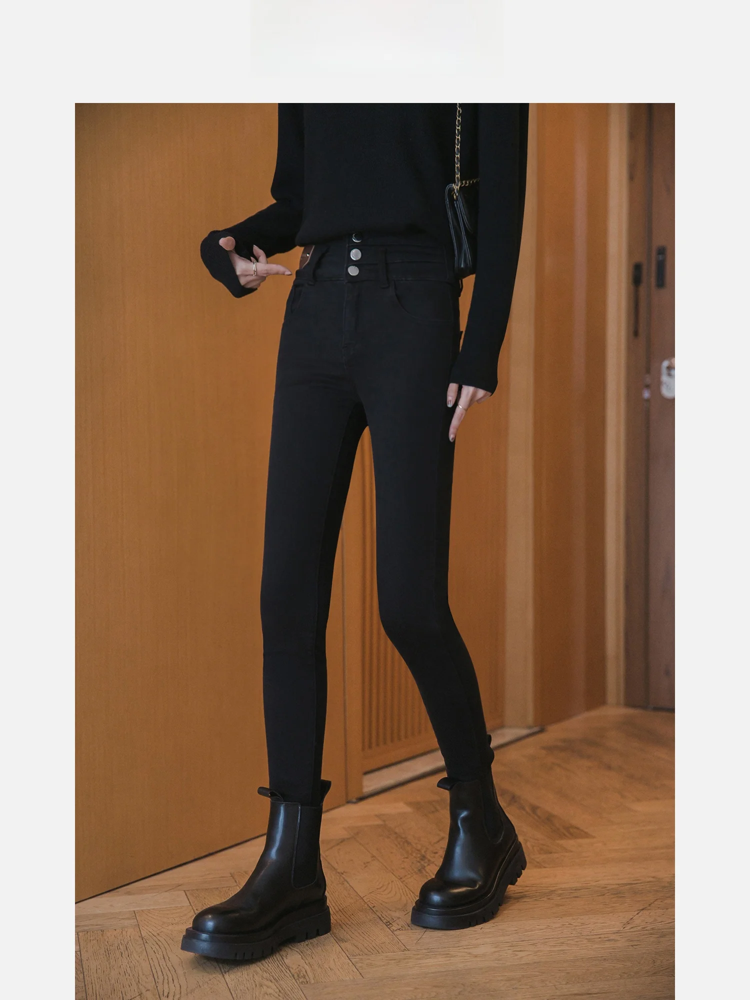 High Waist Fleece Lined Denim Jeans Korean Style Small Size Cuffed Hem Versatile Nine Point Pants for Women Commute Style