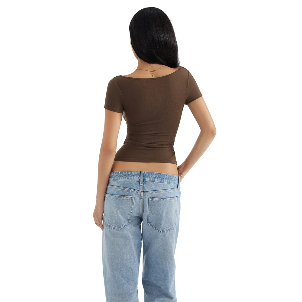 Tops de manga corta con hombros descubiertos para mujer, ropa de calle a la moda, jersey con cuello vuelto, camiseta básica para salir de verano para mujer